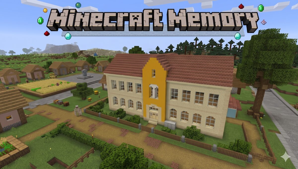 マインクラフトの世界でことばを学ぶ子どものイラスト